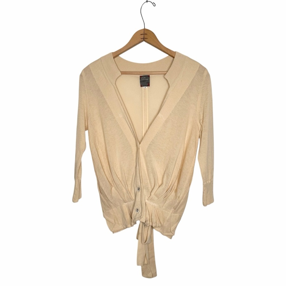 HIROMI TSUYOSHI Cream V-neck Button Down 3/4 Sleeves Linen Blend Tie Back Size 0